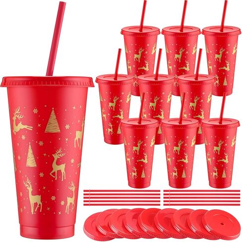 Sliner 10 Pcs Black Christmas Plastic Cups with Lid and Straw 24oz Reusable Christmas Plastic Cups Thick Xmas Party Drinking Tumblers for Iced Coffee Xmas Party Supplies(Gold) in Kuwait