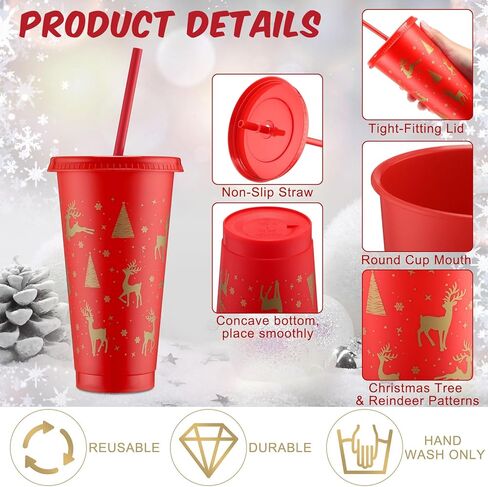Sliner 10 Pcs Black Christmas Plastic Cups with Lid and Straw 24oz Reusable Christmas Plastic Cups Thick Xmas Party Drinking Tumblers for Iced Coffee Xmas Party Supplies(Gold) in Kuwait