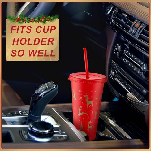 Sliner 10 Pcs Black Christmas Plastic Cups with Lid and Straw 24oz Reusable Christmas Plastic Cups Thick Xmas Party Drinking Tumblers for Iced Coffee Xmas Party Supplies(Gold) in Kuwait