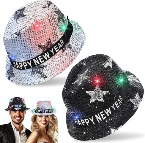 TURNMEON 2 Pack Happy New Year LED Light Up Top Hats للنساء والرجال، قبعات الحفلات باللون الأسود والفضي لحفلات رأس السنة الجديدة وحفلات أعياد الميلاد in Saudi Arabia