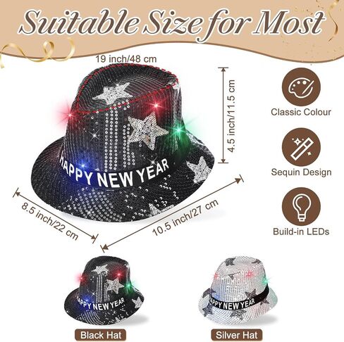 TURNMEON 2 Pack Happy New Year LED Light Up Top Hats للنساء والرجال، قبعات الحفلات باللون الأسود والفضي لحفلات رأس السنة الجديدة وحفلات أعياد الميلاد in Saudi Arabia