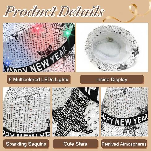 TURNMEON 2 Pack Happy New Year LED Light Up Top Hats للنساء والرجال، قبعات الحفلات باللون الأسود والفضي لحفلات رأس السنة الجديدة وحفلات أعياد الميلاد in Saudi Arabia