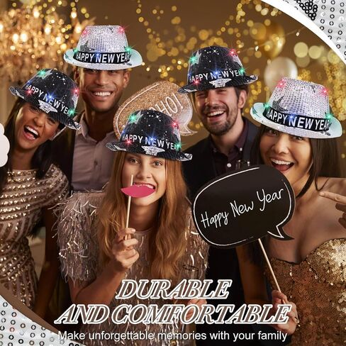 TURNMEON 2 Pack Happy New Year LED Light Up Top Hats للنساء والرجال، قبعات الحفلات باللون الأسود والفضي لحفلات رأس السنة الجديدة وحفلات أعياد الميلاد in Saudi Arabia