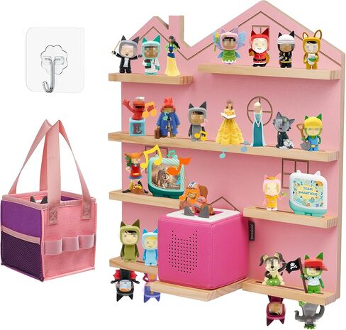 رف Tonie كبير لـ Toniebox، لـ Toniesbox 2/1 Tonie Shelf مثبت على الحائط من خشب الصنوبر المغناطيسي، أرفف عائمة متوافقة مع Tonie Box Player Tonie Figures Storage (وردي) in Kuwait