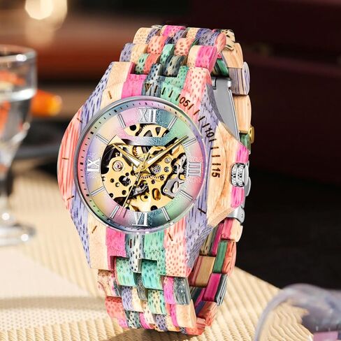 ساعات خشبية ميكانيكية كلاسيكية من Dentily للرجال هيكل عظمي أوتوماتيكية ذاتية الملء وخفيفة الوزن للرجال من الخشب in Kuwait