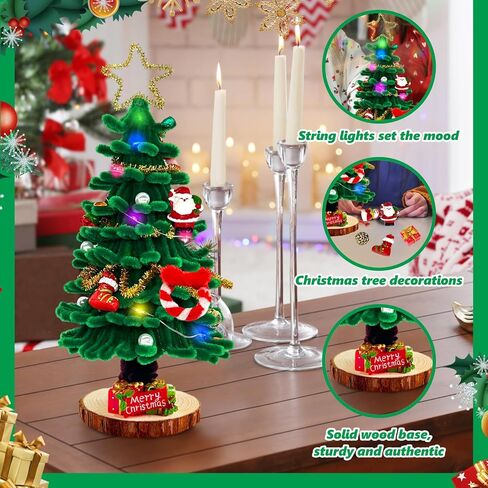 مجموعة iLuckinSpri DIY مكونة من قطعتين صغيرة لشجرة عيد الميلاد مع تزيين الأضواء، ومجموعة فنية وحرفية، مجموعة أدوات تنظيف الأنابيب، تتضمن زخارف للمراهقين والأطفال والفتيان والفتيات هدية عيد الميلاد in Kuwait