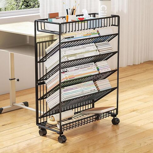 5/6 Tier Rolling Book Cart with Wheels - Mobile Bookshelf & File for Classroom Dorm Living Room & Study - Space-Saving Storage(Black-15.54 * 6.69 * 25.59in) in Kuwait