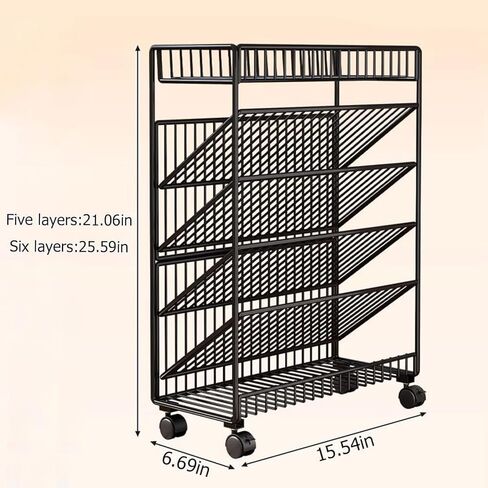 5/6 Tier Rolling Book Cart with Wheels - Mobile Bookshelf & File for Classroom Dorm Living Room & Study - Space-Saving Storage(Black-15.54 * 6.69 * 25.59in) in Kuwait