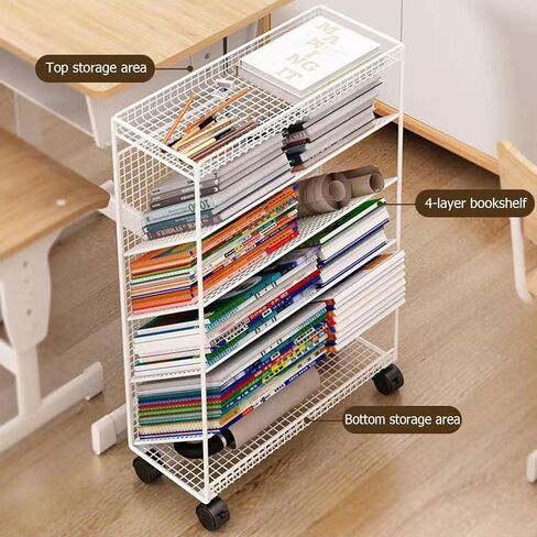 5/6 Tier Rolling Book Cart with Wheels - Mobile Bookshelf & File for Classroom Dorm Living Room & Study - Space-Saving Storage(Black-15.54 * 6.69 * 25.59in) in Kuwait