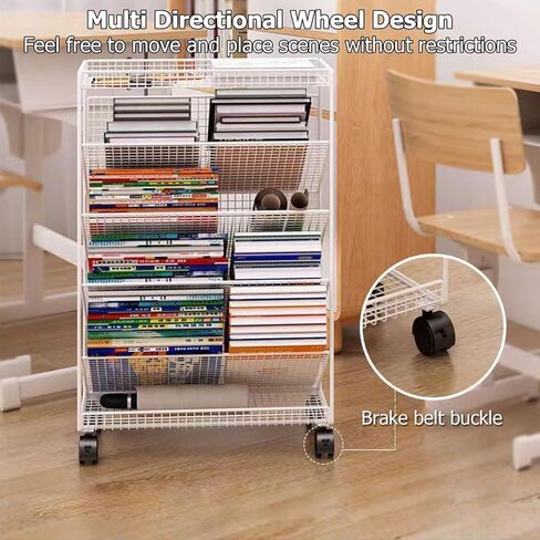 5/6 Tier Rolling Book Cart with Wheels - Mobile Bookshelf & File for Classroom Dorm Living Room & Study - Space-Saving Storage(Black-15.54 * 6.69 * 25.59in) in Kuwait