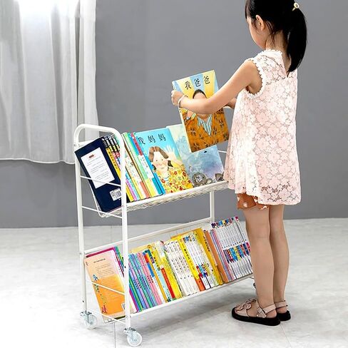 Rolling Book Cart - Moveable Metal Bookshelf Organizer with Wheels, Multifunctional Storage Trolley for Office, Classroom, Library, Study Room,2,Tier in Saudi Arabia