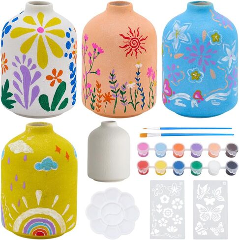 WEBEEDY 4 Sets Ceramic Vases Painting Kit for Adults Beginner Unpainted White Ceramic Pottery Vase with Butterfly Flower Stencils, Paint, Brushes, Palette Unique Gift Fun Activity Home Decor in Saudi Arabia