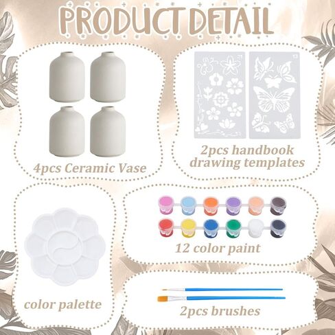 WEBEEDY 4 Sets Ceramic Vases Painting Kit for Adults Beginner Unpainted White Ceramic Pottery Vase with Butterfly Flower Stencils, Paint, Brushes, Palette Unique Gift Fun Activity Home Decor in Saudi Arabia