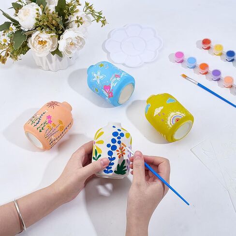 WEBEEDY 4 Sets Ceramic Vases Painting Kit for Adults Beginner Unpainted White Ceramic Pottery Vase with Butterfly Flower Stencils, Paint, Brushes, Palette Unique Gift Fun Activity Home Decor in Saudi Arabia