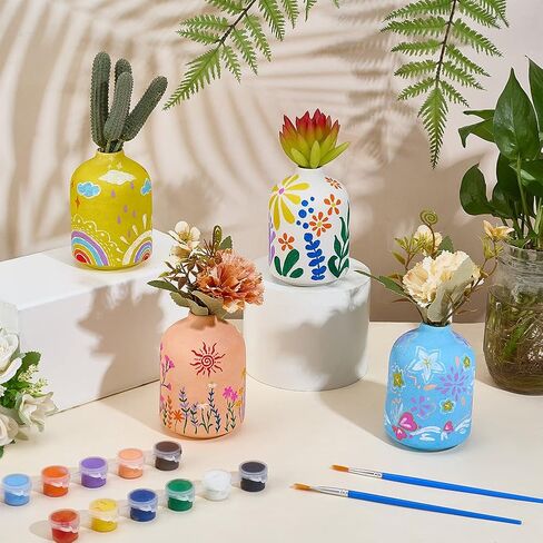 WEBEEDY 4 Sets Ceramic Vases Painting Kit for Adults Beginner Unpainted White Ceramic Pottery Vase with Butterfly Flower Stencils, Paint, Brushes, Palette Unique Gift Fun Activity Home Decor in Saudi Arabia