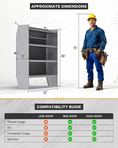 SV-5260 نظام تخزين أرفف Van Shelving فولاذي متوسط/عالي السقف يناسب وحدات Transit وNV وPromaster وSprinter وVan Shelving، مقاس 52 بوصة عرض × 60 بوصة ارتفاع × 13 بوصة عمق in Kuwait
