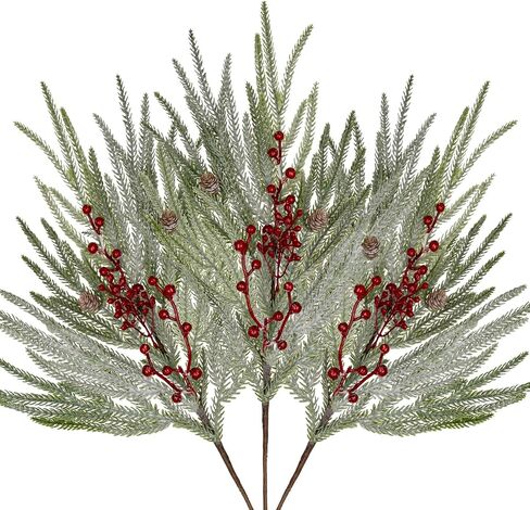 Artificial Christmas Norfolk Pine Branches - 3 Pcs 27.5" Real Touch Faux Greenery Stems with Red Berry Pine Cones Picks for Vases Xmas Tree DIY Craft Wreaths Garland Holiday Outdoor Indoor Decor in Saudi Arabia