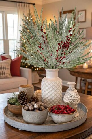Artificial Christmas Norfolk Pine Branches - 3 Pcs 27.5" Real Touch Faux Greenery Stems with Red Berry Pine Cones Picks for Vases Xmas Tree DIY Craft Wreaths Garland Holiday Outdoor Indoor Decor in Saudi Arabia