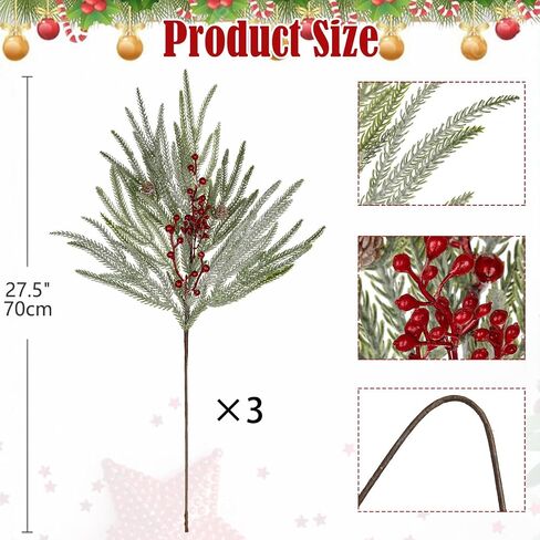 Artificial Christmas Norfolk Pine Branches - 3 Pcs 27.5" Real Touch Faux Greenery Stems with Red Berry Pine Cones Picks for Vases Xmas Tree DIY Craft Wreaths Garland Holiday Outdoor Indoor Decor in Saudi Arabia