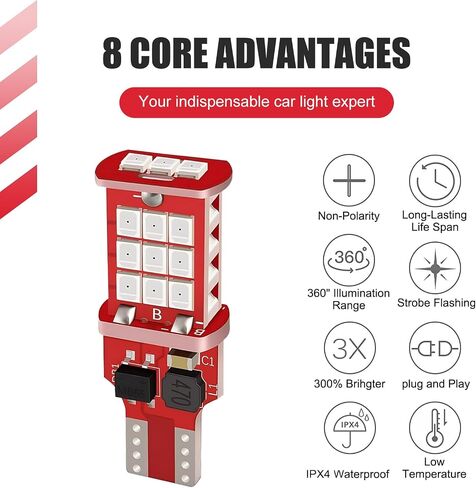 2 PCS 921 912 LED Bulb, Bright Strobe Flashing 3rd Third Brake Light, Non-Polarity Waterproof T15 906 904 902 W16W Warning Lights Replacement, Universal for Car Truck SUV (Red)​ in Saudi Arabia