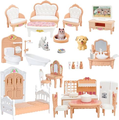 Dollhouse Furniture Set, Complete Room Collection with Kitchen, Dining, Living Room, Bedroom and Bathroom Accessories, Plastic (36-Piece Hrown) in Saudi Arabia