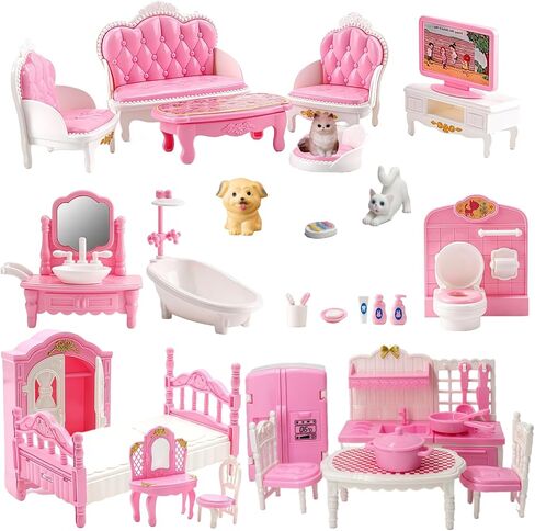 Dollhouse Furniture Set, Complete Room Collection with Kitchen, Dining, Living Room, Bedroom and Bathroom Accessories, Plastic (36-Piece Hrown) in Saudi Arabia