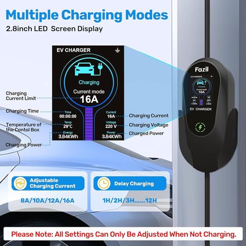 شاحن EV من المستوى 1 و2، شاحن EV محمول، 110 فولت - 240 فولت 16 أمبير تيار قابل للتعديل 12 ساعة مع تطبيق ذكي، كابل 26 قدم، قابس NEMA 6-20 ومحول NEMA 5-15، حقيبة حمل، متوافق مع J1772 Evs in Saudi Arabia