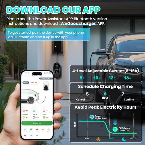 شاحن EV من المستوى 1 و2، شاحن EV محمول، 110 فولت - 240 فولت 16 أمبير تيار قابل للتعديل 12 ساعة مع تطبيق ذكي، كابل 26 قدم، قابس NEMA 6-20 ومحول NEMA 5-15، حقيبة حمل، متوافق مع J1772 Evs in Saudi Arabia