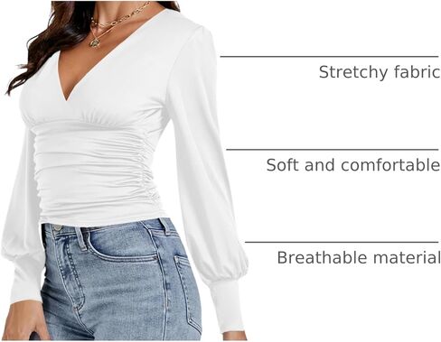 Umenlele Women'sDeep V Neck Puff Long Sleeve Ruched Blouse Tee Top in Saudi Arabia