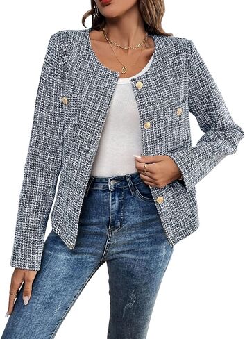 Women's Tweed Blazer, Long Sleeve Round Neck, Business Casual Coat in Saudi Arabia