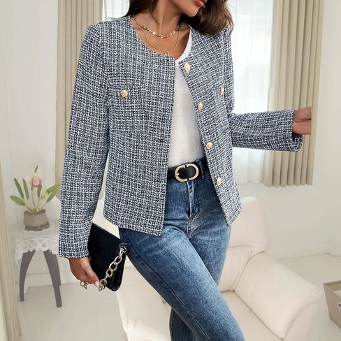 Women's Tweed Blazer, Long Sleeve Round Neck, Business Casual Coat in Saudi Arabia
