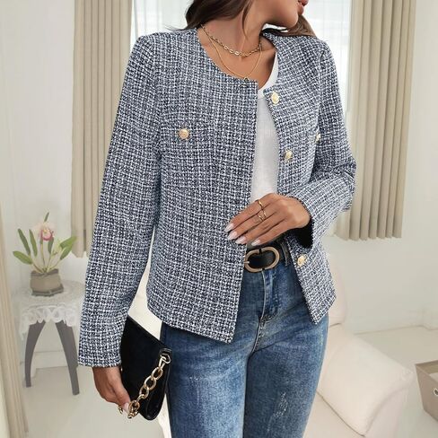 Women's Tweed Blazer, Long Sleeve Round Neck, Business Casual Coat in Saudi Arabia