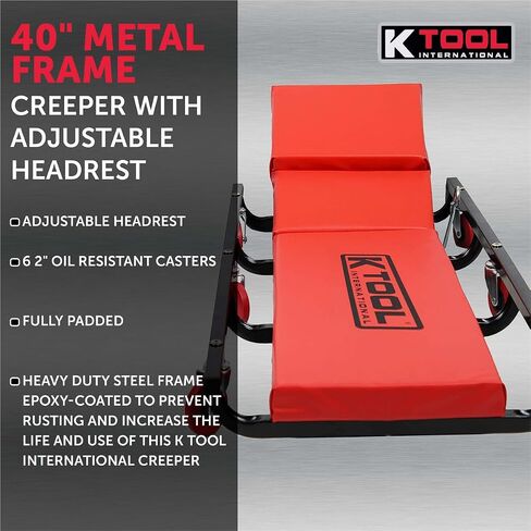 K Tool International 74961 زاحف سيارات مقاس 40 بوصة مع مسند رأس قابل للتعديل للكراجات ومحلات الإصلاح والأعمال اليدوية، مبطن بالكامل، (6) عجلات مطاطية مقاومة للزيت مقاس 2 بوصة، إطار فولاذي شديد التحمل، أحمر/أسود in Kuwait