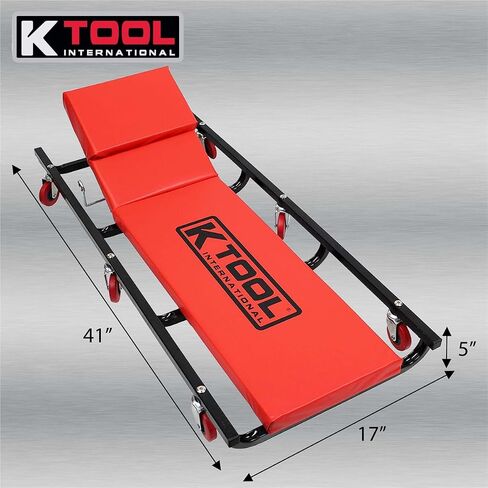 K Tool International 74961 زاحف سيارات مقاس 40 بوصة مع مسند رأس قابل للتعديل للكراجات ومحلات الإصلاح والأعمال اليدوية، مبطن بالكامل، (6) عجلات مطاطية مقاومة للزيت مقاس 2 بوصة، إطار فولاذي شديد التحمل، أحمر/أسود in Kuwait