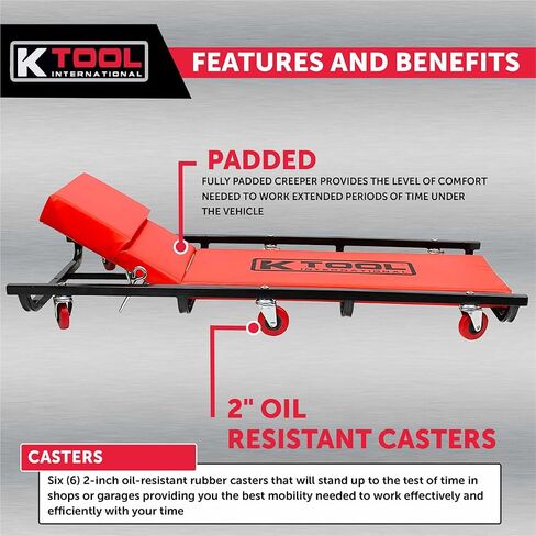 K Tool International 74961 زاحف سيارات مقاس 40 بوصة مع مسند رأس قابل للتعديل للكراجات ومحلات الإصلاح والأعمال اليدوية، مبطن بالكامل، (6) عجلات مطاطية مقاومة للزيت مقاس 2 بوصة، إطار فولاذي شديد التحمل، أحمر/أسود in Kuwait