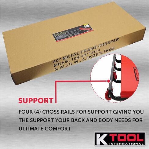 K Tool International 74961 زاحف سيارات مقاس 40 بوصة مع مسند رأس قابل للتعديل للكراجات ومحلات الإصلاح والأعمال اليدوية، مبطن بالكامل، (6) عجلات مطاطية مقاومة للزيت مقاس 2 بوصة، إطار فولاذي شديد التحمل، أحمر/أسود in Kuwait
