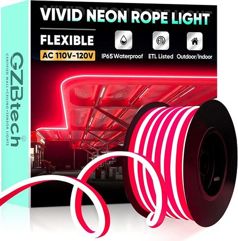 أضواء حبل نيون LED مرنة من GZBtech بطول 33 قدمًا، تيار متردد 110-120 فولت، شريط إضاءة مقاوم للماء، 120 مصباح LED/متر إضاءة نيون قابلة للتوصيل للأماكن الداخلية والخارجية ديكور المنزل/المباني التجارية - أحمر 10 متر in Kuwait