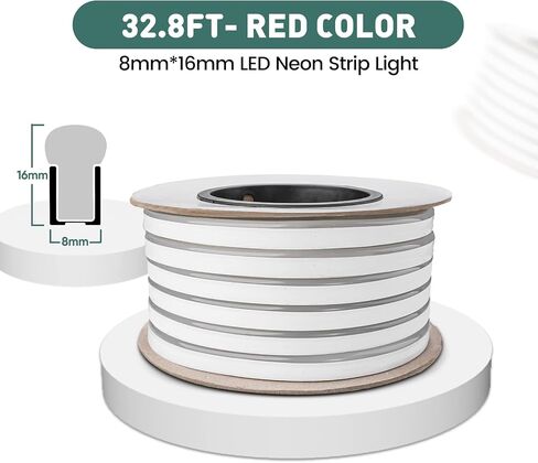 أضواء حبل نيون LED مرنة من GZBtech بطول 33 قدمًا، تيار متردد 110-120 فولت، شريط إضاءة مقاوم للماء، 120 مصباح LED/متر إضاءة نيون قابلة للتوصيل للأماكن الداخلية والخارجية ديكور المنزل/المباني التجارية - أحمر 10 متر in Kuwait