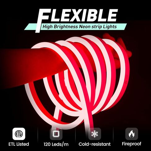 أضواء حبل نيون LED مرنة من GZBtech بطول 33 قدمًا، تيار متردد 110-120 فولت، شريط إضاءة مقاوم للماء، 120 مصباح LED/متر إضاءة نيون قابلة للتوصيل للأماكن الداخلية والخارجية ديكور المنزل/المباني التجارية - أحمر 10 متر in Kuwait