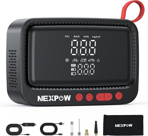 منفاخ إطارات NEXPOW ضاغط هواء محمول، مضخة هواء قابلة لإعادة الشحن بقوة 180 رطل لكل بوصة مربعة لإطارات السيارات مع مقياس رقمي مزدوج وإيقاف تلقائي، مضخة إطارات للسيارة والدراجات النارية والدراجة والكرة in Kuwait