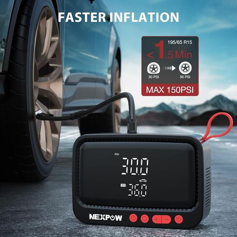 منفاخ إطارات NEXPOW ضاغط هواء محمول، مضخة هواء قابلة لإعادة الشحن بقوة 180 رطل لكل بوصة مربعة لإطارات السيارات مع مقياس رقمي مزدوج وإيقاف تلقائي، مضخة إطارات للسيارة والدراجات النارية والدراجة والكرة in Kuwait