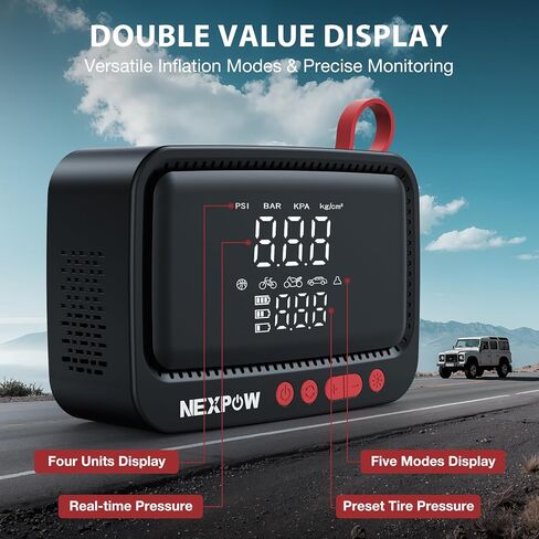 منفاخ إطارات NEXPOW ضاغط هواء محمول، مضخة هواء قابلة لإعادة الشحن بقوة 180 رطل لكل بوصة مربعة لإطارات السيارات مع مقياس رقمي مزدوج وإيقاف تلقائي، مضخة إطارات للسيارة والدراجات النارية والدراجة والكرة in Kuwait