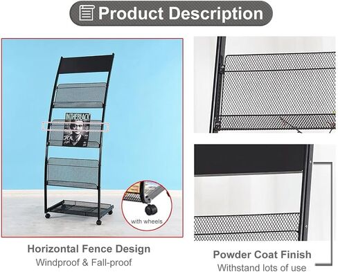 Steel Magazine Holder with 4 Wheels, Multi-Purpose Pamphlet Organizer for Libraries, Offices & Retail Stores (Black)(Black) in Saudi Arabia