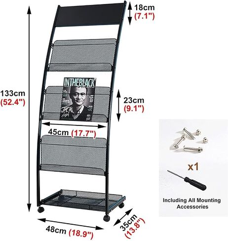 Steel Magazine Holder with 4 Wheels, Multi-Purpose Pamphlet Organizer for Libraries, Offices & Retail Stores (Black)(Black) in Saudi Arabia