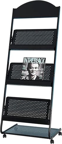 L-Shape Metal Magazine Rack with 3 Tiers, Mesh Pocket Organizer & Wheels for Office/Hotel Lobby in Saudi Arabia