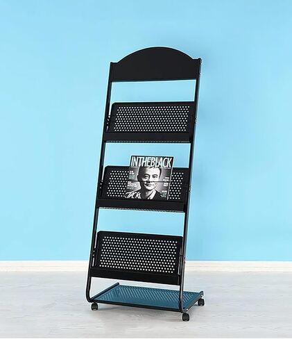 L-Shape Metal Magazine Rack with 3 Tiers, Mesh Pocket Organizer & Wheels for Office/Hotel Lobby in Saudi Arabia