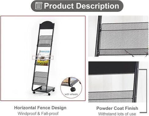 L-Shape Metal Magazine Rack with 3 Tiers, Mesh Pocket Organizer & Wheels for Office/Hotel Lobby in Saudi Arabia