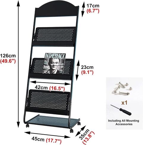 L-Shape Metal Magazine Rack with 3 Tiers, Mesh Pocket Organizer & Wheels for Office/Hotel Lobby in Saudi Arabia