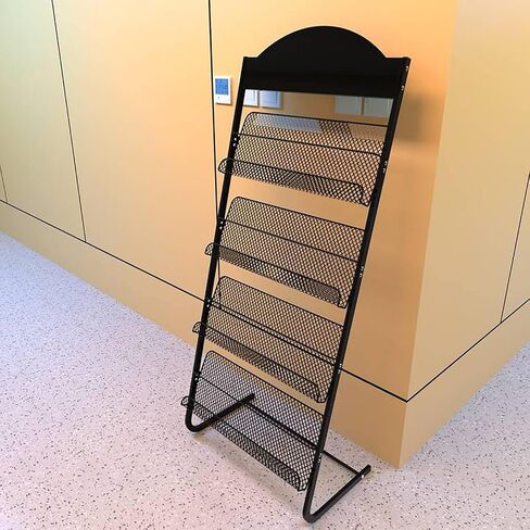L-Shaped Metal Magazine Rack with 4 Mesh Pockets - Brochure Display Stand for Living Room, Waiting Room, Office, and Showrooms in Saudi Arabia
