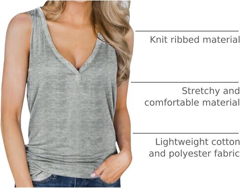 قمصان بدون أكمام للسيدات من Dellytop برقبة على شكل حرف V بدون أكمام قمصان Henley بأزرار لأعلى وتيشيرت طويل مضلع in Saudi Arabia